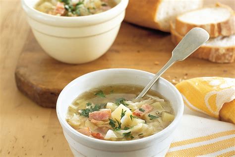 Delicious pieces of salty bacon add a meaty touch to this hearty cabbage and potato soup ...