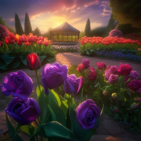 Premium AI Image | a colorful display of purple and pink tulips in a garden with a gazebo in the ...