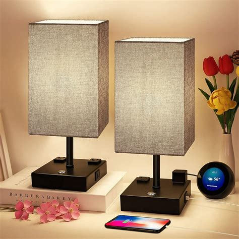 Bedside Lamp, 3 Way Dimmable Touch Control Table Lamp with 2 USB Charging Ports 2 AC Outlet ...