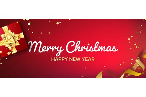 Merry Christmas Banner Vector. Gifts Box With Gold Bow. Red Horizontal Background Illustration ...