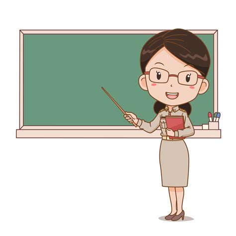 Cartoon illustration of Thai female teacher holding a stick in front of blackboard. 4903201 ...