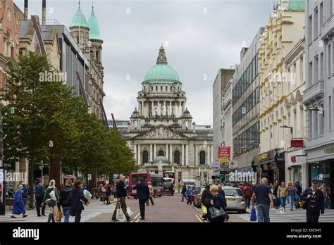 A main shopping street looking towards City Hall in Belfast city Stock Photo: 74073240 - Alamy