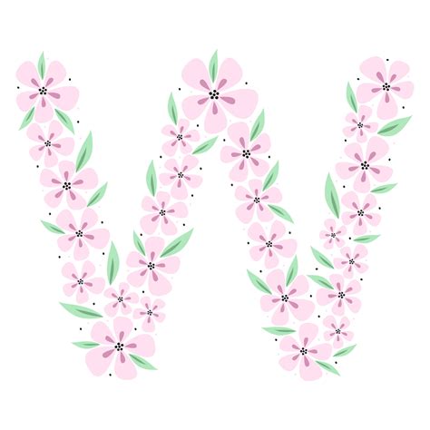 Floral botanical alphabet. Vintage hand drawn monogram letter W. Letter with plants and flowers ...