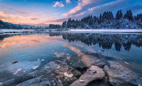 nature, Photography, Landscape, Winter, River, Sunset, Snow, Trees, Hills, Reflection, Clouds ...