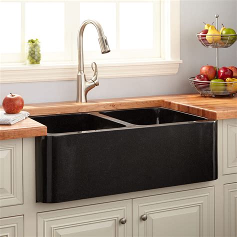 36" Polished Granite Double-Bowl Farmhouse Sink - Black - Kitchen