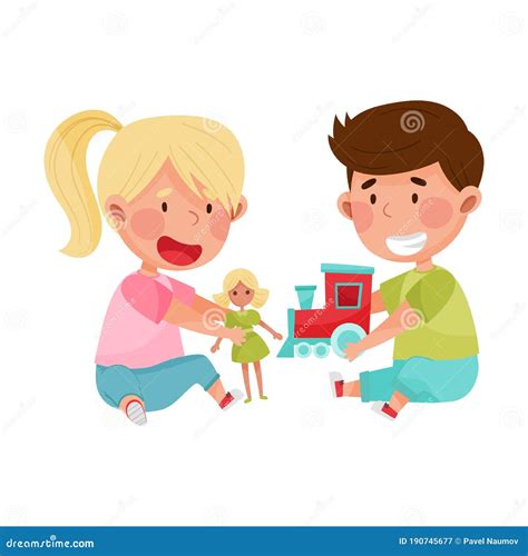 Friendly Kids Playing Together and Sharing Toys Vector Illustration Stock Vector - Illustration ...