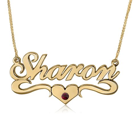 Birthstone Heart Swoosh Name Necklace, 24k Gold Plated | Namefactory