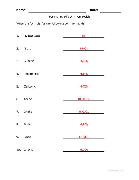 Chemical Formula Worksheet Answers