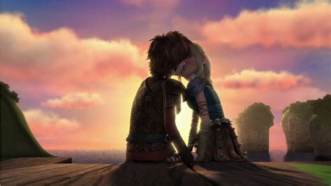 Hiccup and Astrid's romantic kiss scene in the sunset from Dreamworks Dragons Race to the Edge ...