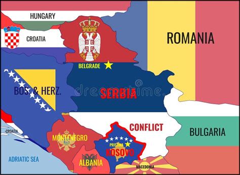 Illustration of a Map of Serbia, Kosovo and Neighboring Countries with National Flags. Conflict ...