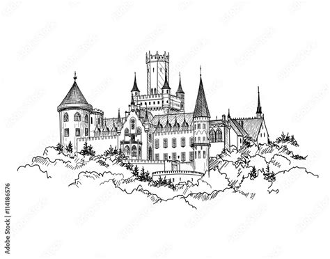 Famous German Castle Landscape. Travel Germany Background. Castle building on the hill skyline ...