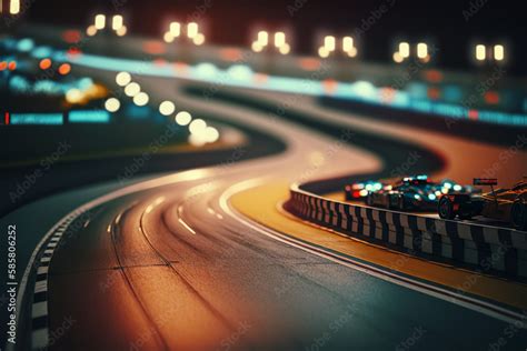 Nighttime curved asphalt race track with illuminated stadium. High-speed racing at night on ...