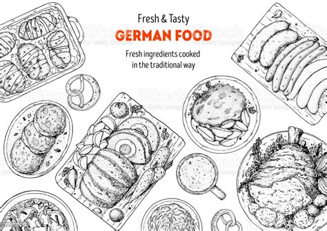 German Food Menu Sketches Design Template Hand Drawn Illustration German Cuisine Black And White ...