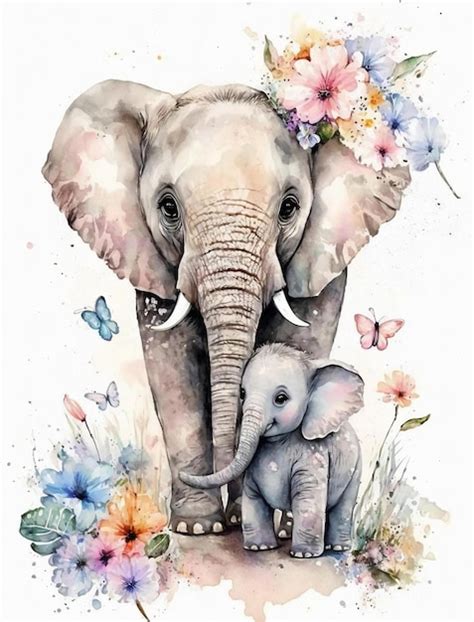 Premium AI Image | A watercolor painting of a mother and baby elephant with flowers.