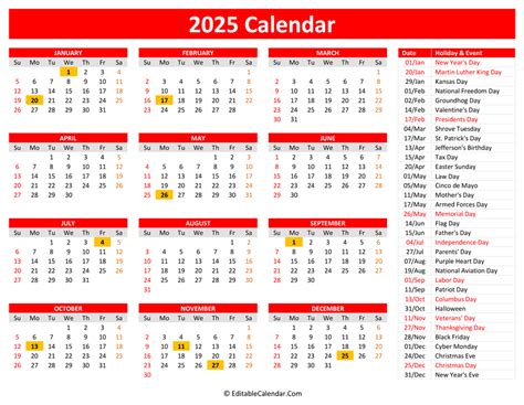 2025 Printable Calendar with Holidays