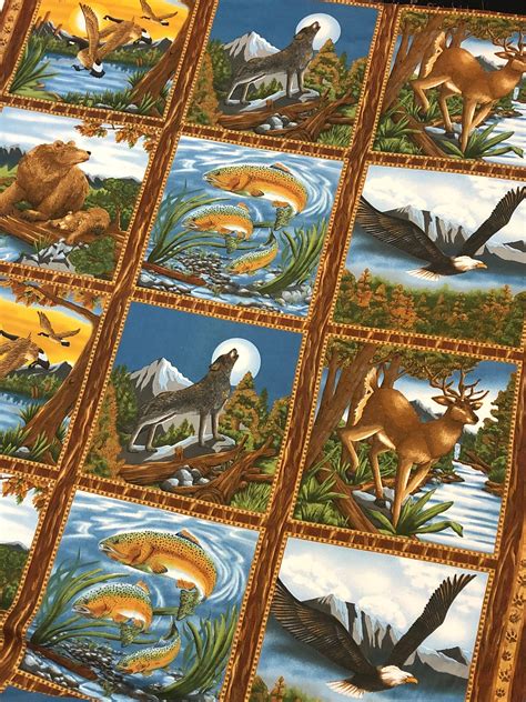 Wildlife Animals, American Wilderness Flannel Fabric, Quilts, Eagle Wolf Bear Deer Fish Duck, 9 ...