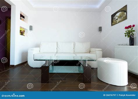 White Leather Sofa in Living Room Stock Image - Image of house, interior: 26076797