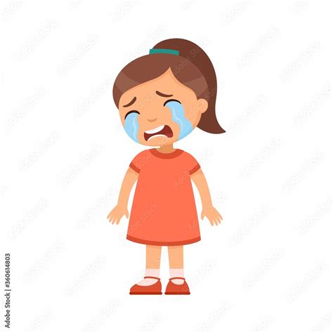 Crying sad little girl flat vector illustration. Upset child with tears on face standing alone ...