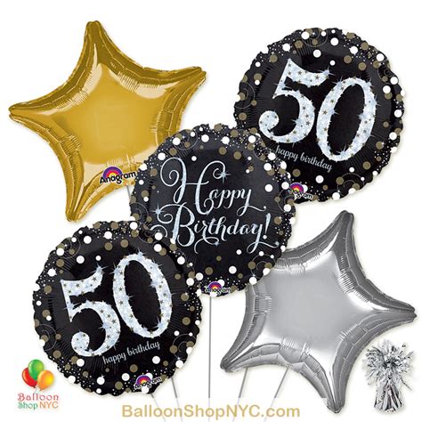 50th Sparkling Happy Birthday Mylar Stars Balloon Bouquet - Balloon Shop NYC