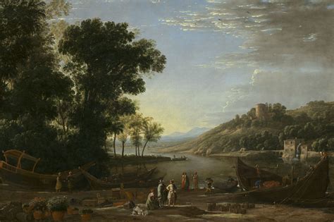 claude lorrain - paysage fluvial avec des marchands, c. 1629, oil on canvas, 97 x 143 cm ...