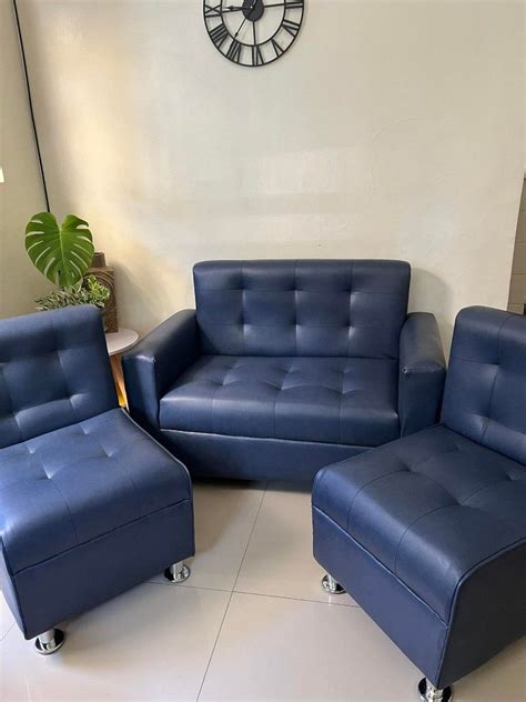 2 SEATER LEATHER BLUE SOFA SET on Carousell