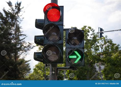 Red German Traffic Light with Green Arrow Light Up Allow by Law To Turn Right Stock Photo ...