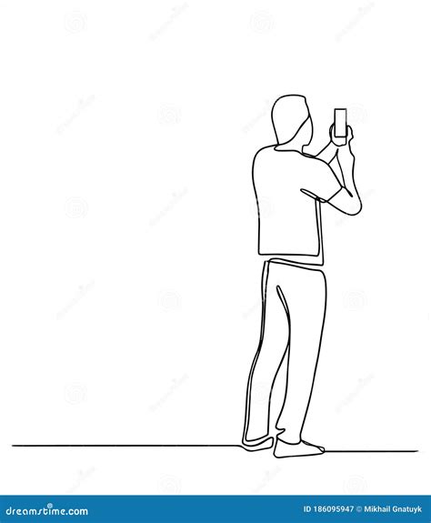 Man Taking Photo With Smartphone One Line Drawing. Side View. Man Standing With Smartphone ...