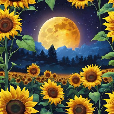 Sunflowers Full Moon Night Free Stock Photo - Public Domain Pictures