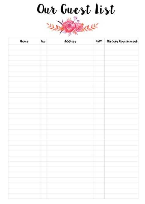 Wedding Planner - Guest List printable pdf download