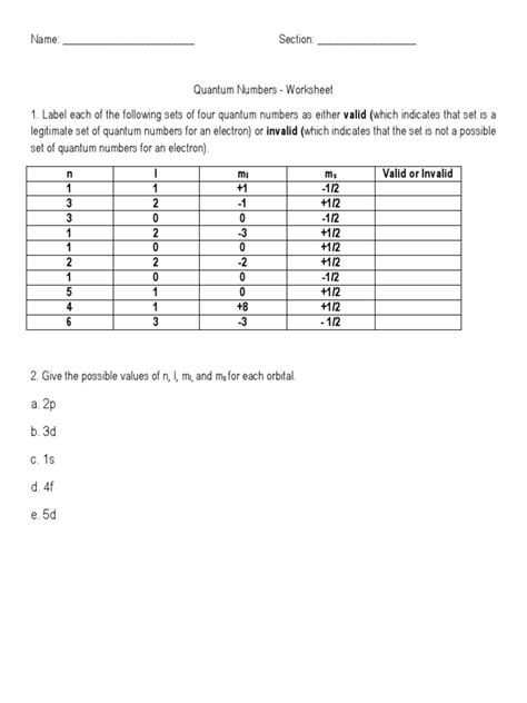 Quantum Numbers Worksheet 1 | PDF