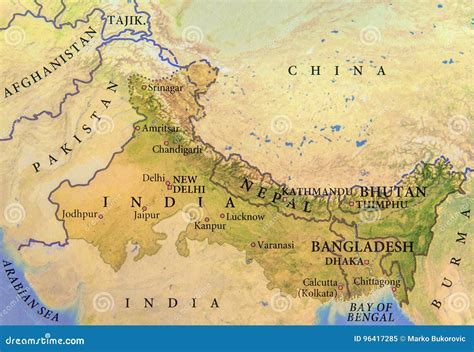 Geographic Map of India, Nepal, Bhutan and Bangladesh with Important Cities Stock Image - Image ...