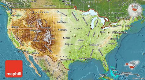 Physical Map of United States, satellite outside