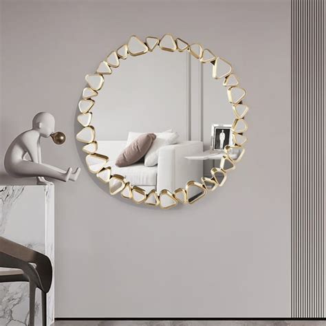 23.6" Modern Large Gold Round Pebble Wall Mirror Decor with Geometric Frame Living Room | Homary