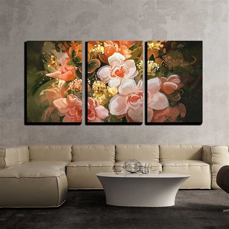 Wall26 3 Piece Canvas Wall Art - Illustration - Beautiful Flowers,Color Blooming,Illustration ...