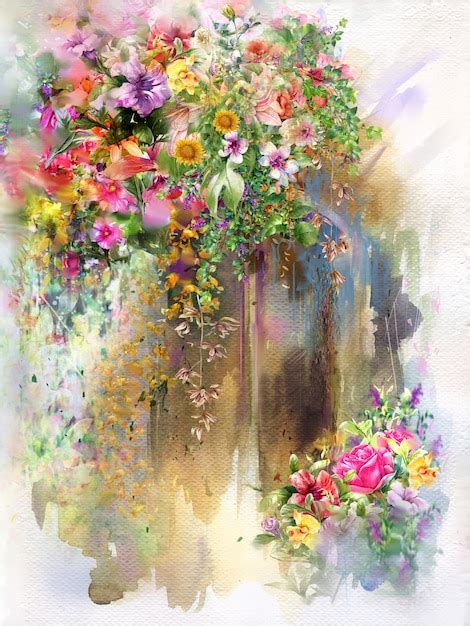 Abstract flowers on wall watercolor painting. spring multicolored flowers | Premium Photo