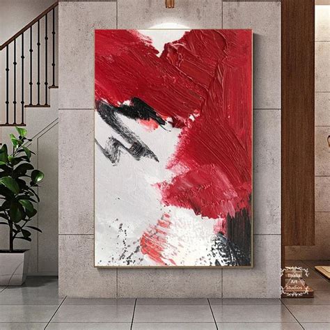 Large Red Abstract Painting White Abstract Wall Art Modern Red Texture Painting Black and White ...