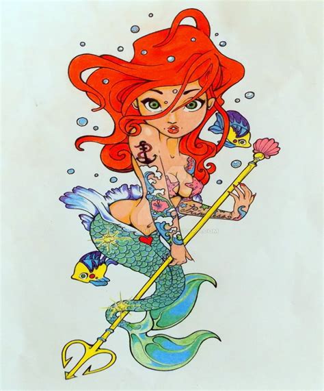 Cartoon ginger mermaid with golden trident tattoo design by The Kemper - Tattooimages.biz