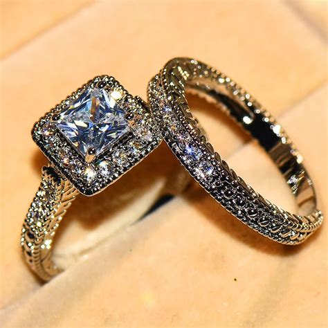 Fashion Cute Female Wedding Ring Set Vintage 925 Silver Engagement Rings For Women Crystal ...