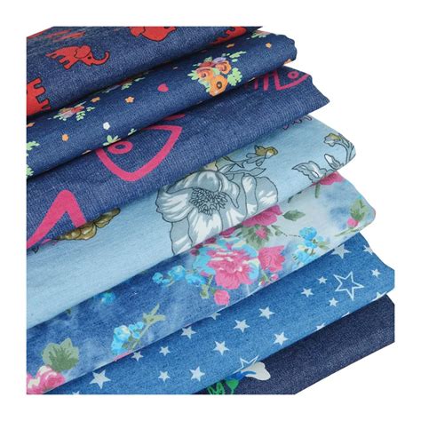 Soft Printed Flowers Washed Denim Jeans Fabric Sewing Dress Coat Clothing Fabric 100% Cotton ...