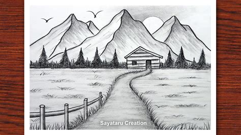 How to draw Sunset in Mountain with pencil, Sayataru Creation Drawing 2021