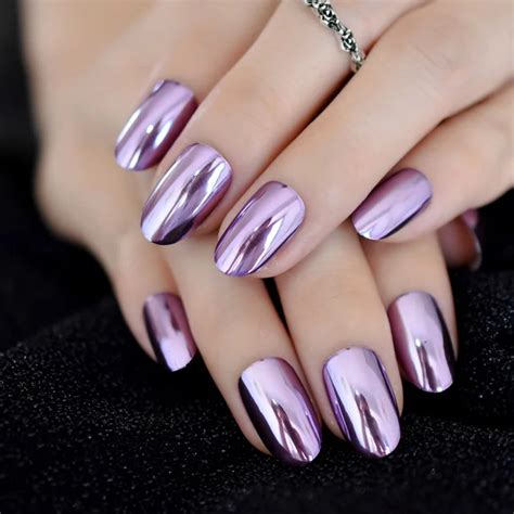 Chrome Oval Purple Short Nails Mirror Effect Metallic Nails Violet Color Ladies Nails Acrylic ...