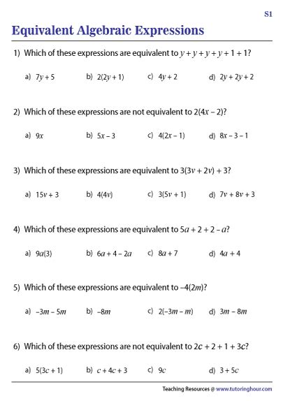 Equivalent Algebraic Expressions Worksheets