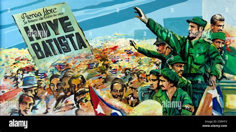 Cuban political poster showing Fidel Castro at a rally celebrating success of Cuban Revolution ...