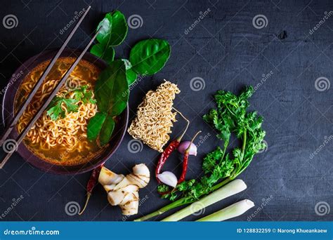 Spicy Instant Noodles Soup and Vegetables on a Black Background Stock Image - Image of instant ...