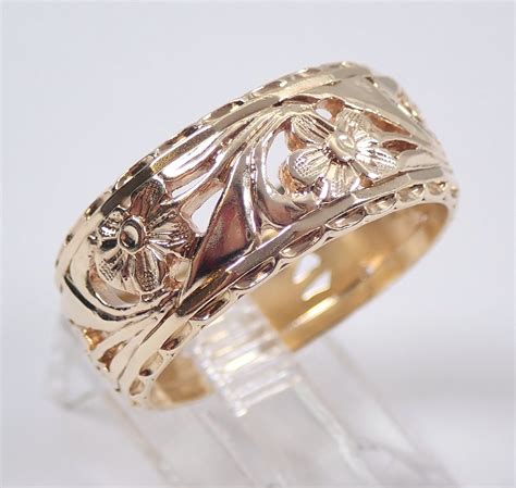 Antique Vintage 14K Yellow Gold Wedding Ring Floral Flower Anniversary Band Size 8.5