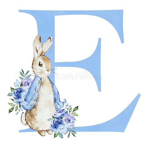 Watercolor Blue Letter E with Peter Rabbit Stock Illustration - Illustration of baby, greeting ...