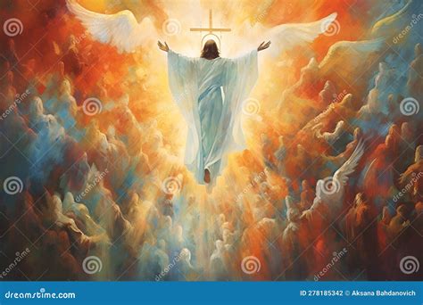 Jesus Christ in Clouds of Heaven Over Cross - Ascension Christ Return. Second Coming of Christ ...