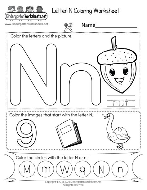 Free Printable Letter N Coloring Worksheet for Kindergarten