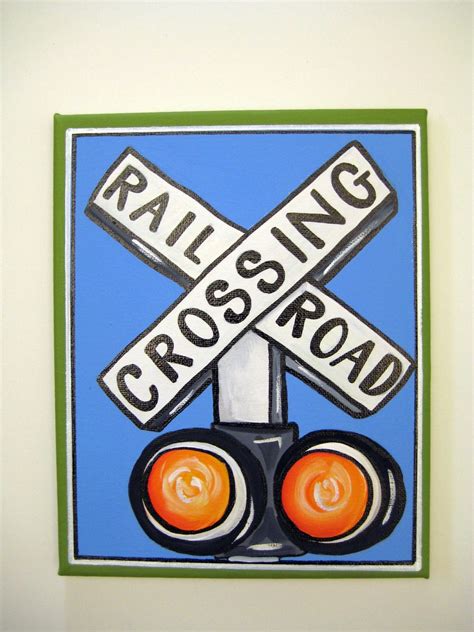 a painting of railroad crossing sign with two orange lights