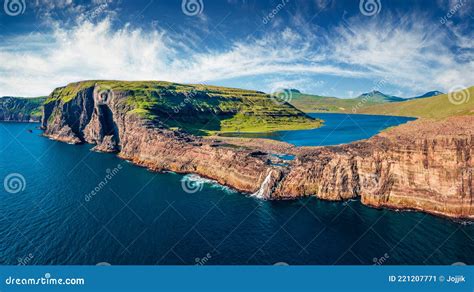 Panoramic View from Flying Drone of Bosdalafossur Waterfall. Amazing Summer Scene of Sorvagsvatn ...